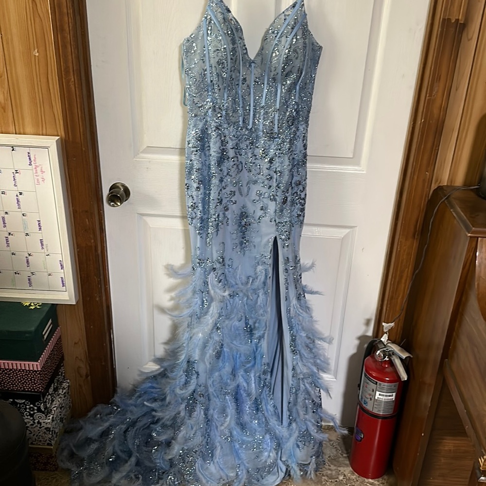 Blue coset style prom dress with feathers and train